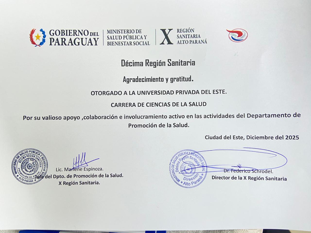 UPE recibe reconocimiento por su apoyo a la promoción de la salud en Alto Paraná: Facultad de Ciencias de la Salud